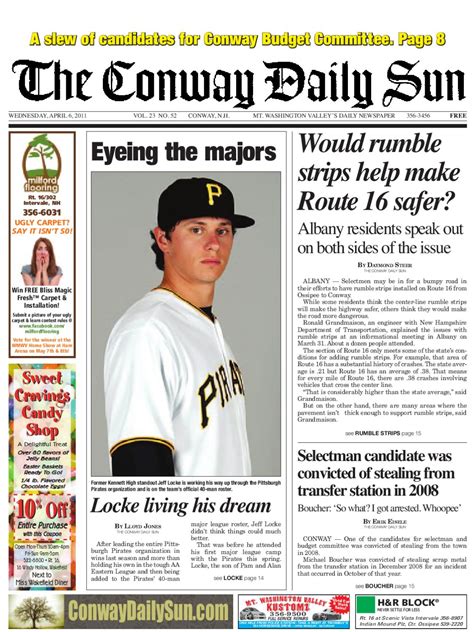 Conway daily sun nh - The Conway Daily Sun is a five-day (Tuesday through Saturday) free daily newspaper published in North Conway, New Hampshire, United States, covering the Mount Washington Valley.It has been published since 1989 by Country News Club, and was the forerunner of three other Daily Sun newspapers in New Hampshire and Maine.. The …